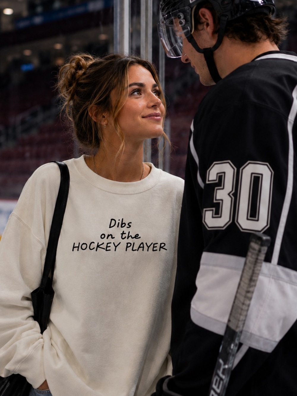Gildan White Crewneck Sweatshirt with "Dibs on the Hockey Player" Text